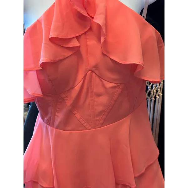 Coral‎ Pink Tiered Ruffle Halter Maxi Dress Corset Bodice Formal Gown - Image 2