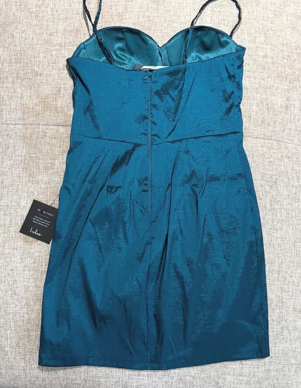 Lulus Teal Satin Mini Dress w/ Pearl Trim - Image 3