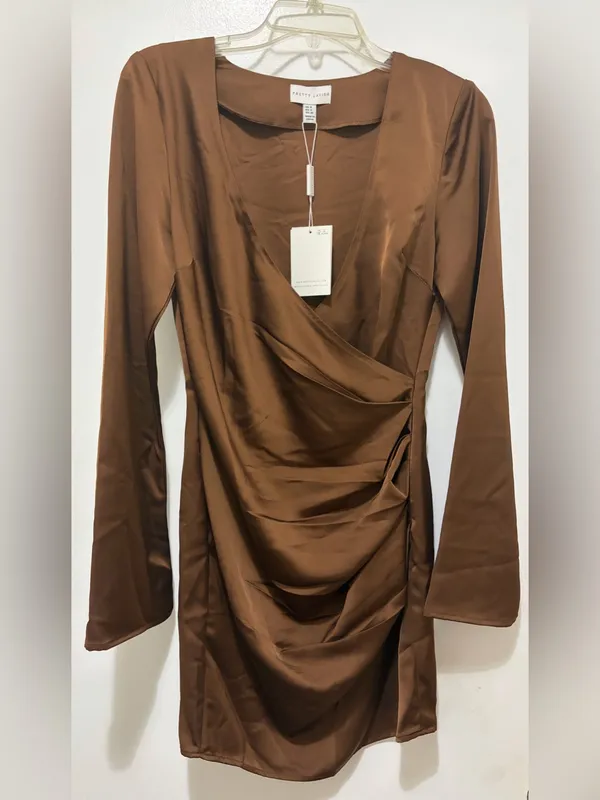 Pretty Lavish Ruched Wrap Mini Dress Brown Sz.4 NWT - Image 5