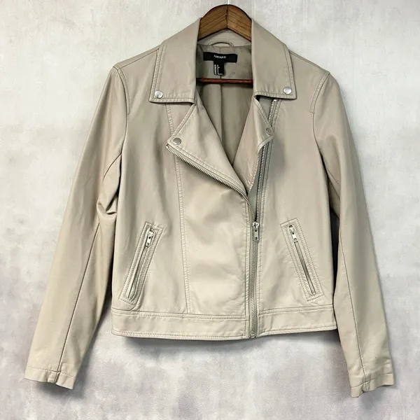 Forever 21 Womens Moto Jacket Size S Faux Leather Biker Cropped Minimal Neutral - Image 10