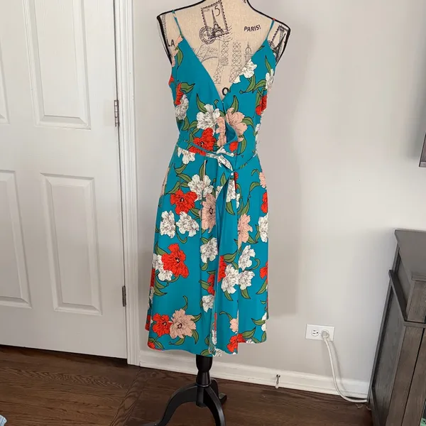 Lulus Teal Floral Wrap Midi Dress Size M - Image 2