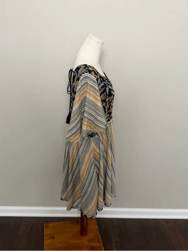 Free People Under The Sun Tunic Dress Mixed Print Floral Striped Boho Festival - Image 4
