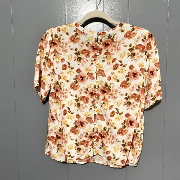 Abercrombie & Fitch Orange Floral Button Back Crewneck Short Sleeve Boxy Top M - Image 5