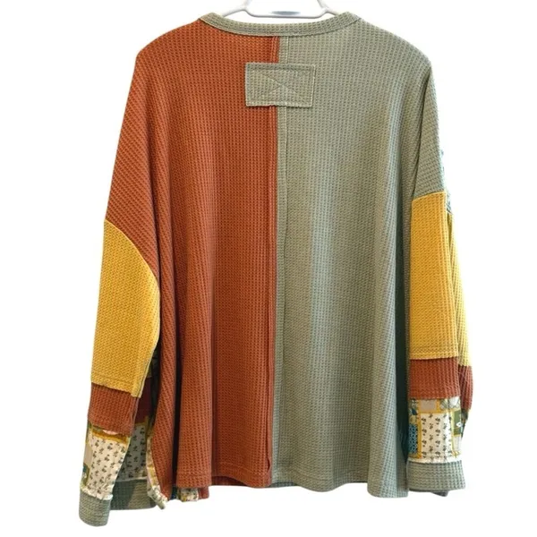 Easel Daisy Patchwork Top Multicolor Boho Waffle Knit Long Sleeve Women‎ Small - Image 5