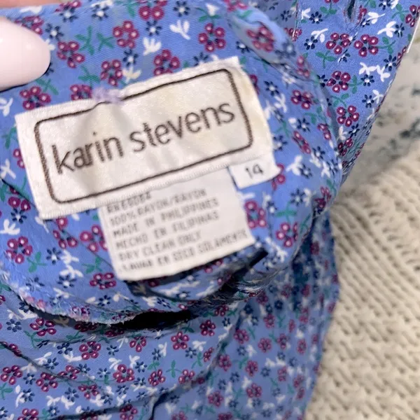 Karin Stevens vintage Blue Floral Midi Dress size 14 smocked waist - Image 7