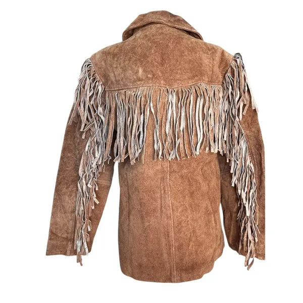 Vintage Tan Suede Leather Fringe Jacket‎ Western Boho Cowgirl Leather Coat Small - Image 5