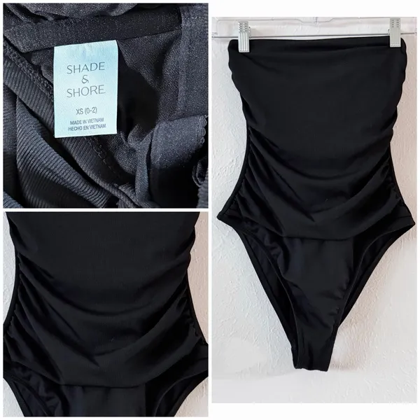 NEW Shade & Shore Black Ribbed Bandeau One Piece Swimsuit XS Shaping - Image 10