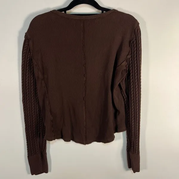 Lucky Brand Womens Brown Waffle Knit Henley‎ Top Cable Knit Sleeves Large boho - Image 7
