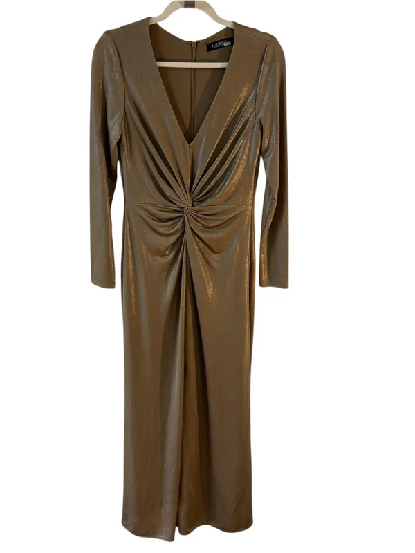 Lauren Ralph Lauren Nadira Metallic Gold Twist Front Gown Dress Size 6 - Image 10