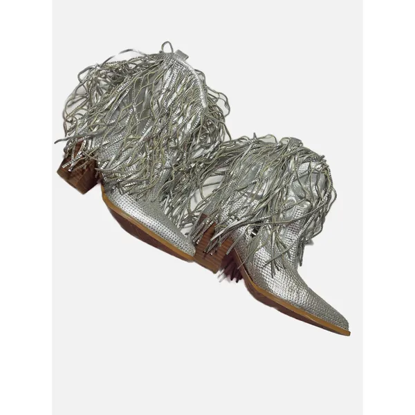 Quepiano Rhinestone Fringe Ankle Boots‎ Womens 8 Silver Western Cowgirl Sparkle - Image 2