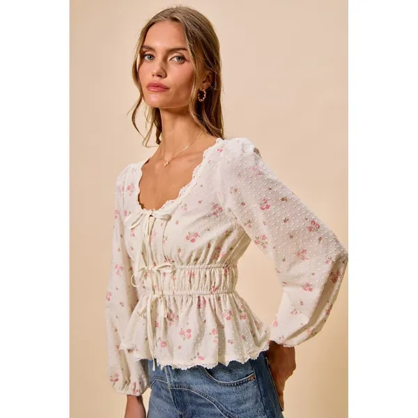 SO ME Floral Clip Dot Lace Trim Ruched Bodice Blouse - White - Medium - Image 11
