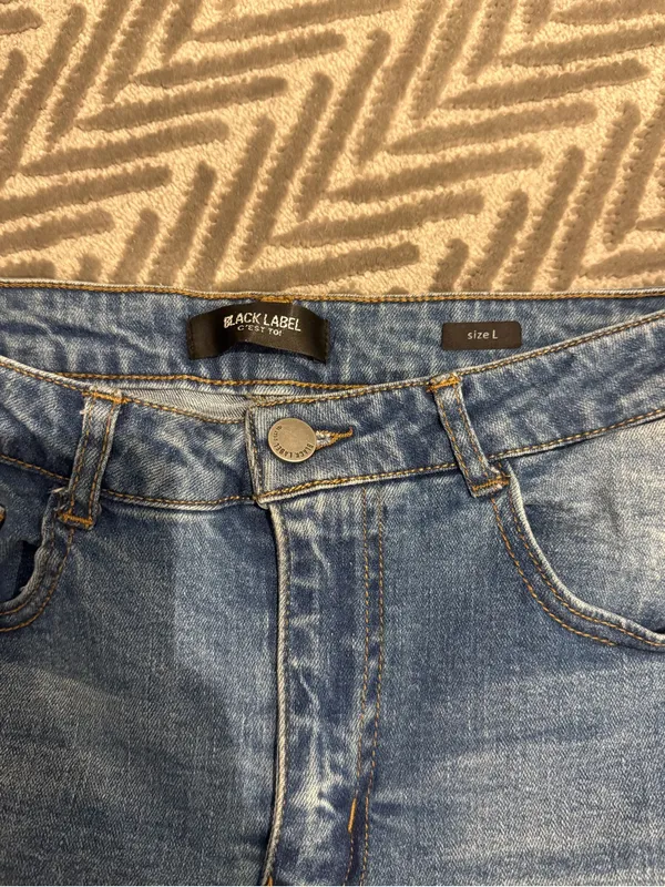 Black Label Light Blue Denim Mini Skirt with Frayed Hem - Image 2