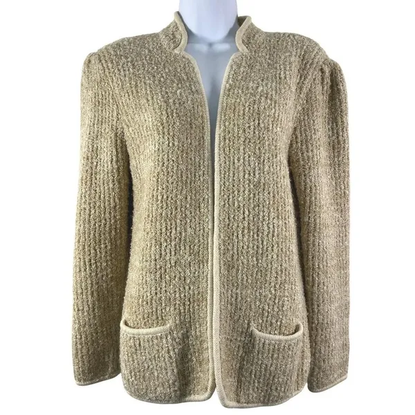 Vintage 80s Adele Joyce Boucle Cardigan Sweater Large Oatmeal Open Front Tan - Image 2