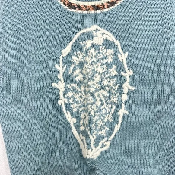 Russ Petites Blue Sweater Vest Women's Size S Floral Motif Leopard Trim‎ Knit - Image 5