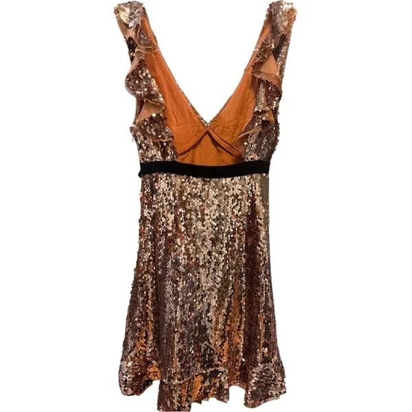 Free People Gold Sequin Dress‎ Siren Tribeca Gold Flirty Mini Boho Chic Size 4 - Image 5