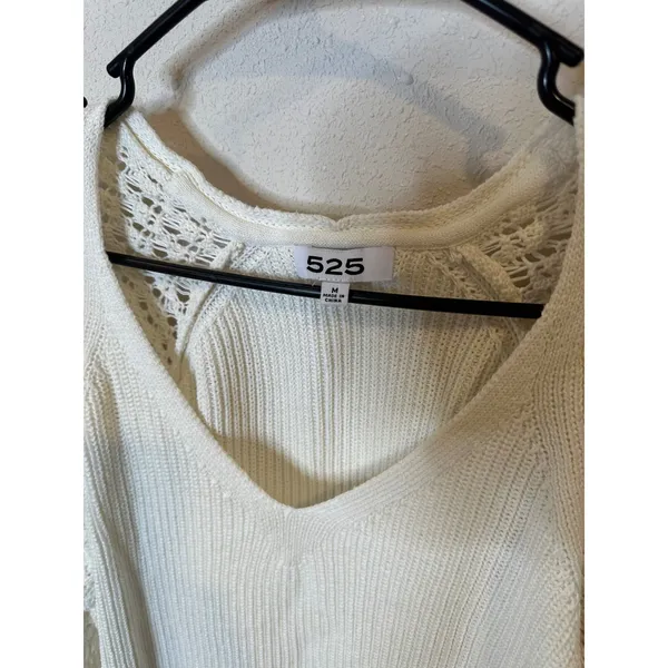 525 America Women Cream Cotton Ribbed V-Neck Sweater‎ Crochet Balloon Sleeve M - Image 2
