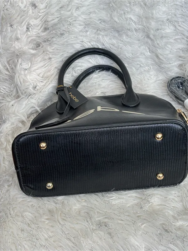 bebe Fabiola Stamped Lizard Dome Satchel Black Cream Logo One Size - Image 10