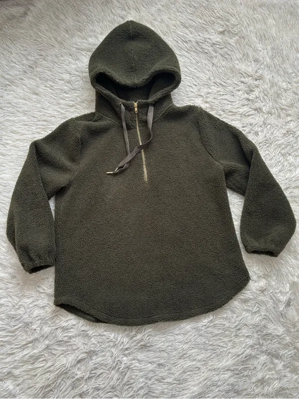 LOFT Olive Green Women’s Sherpa Half-Zip Pullover Hoodie Size XL - Image 2
