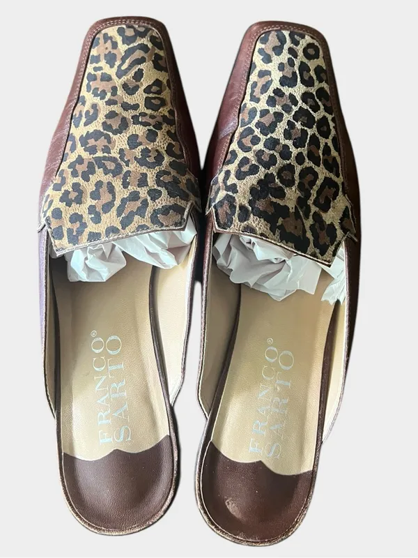 Franco Sarto Leopard Leather Square Toe Mule Loafers 8.5M - Image 4