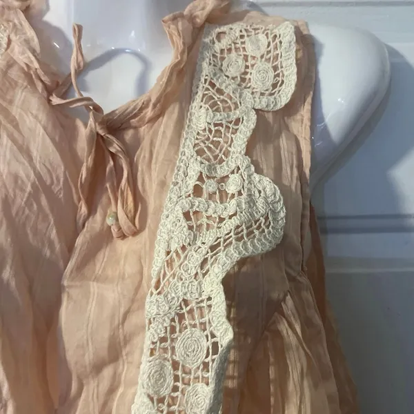 Crochet Crinkled Bohemian Sleeveless Babydoll Blouse Cottagecore Flowy Romantic - Image 4