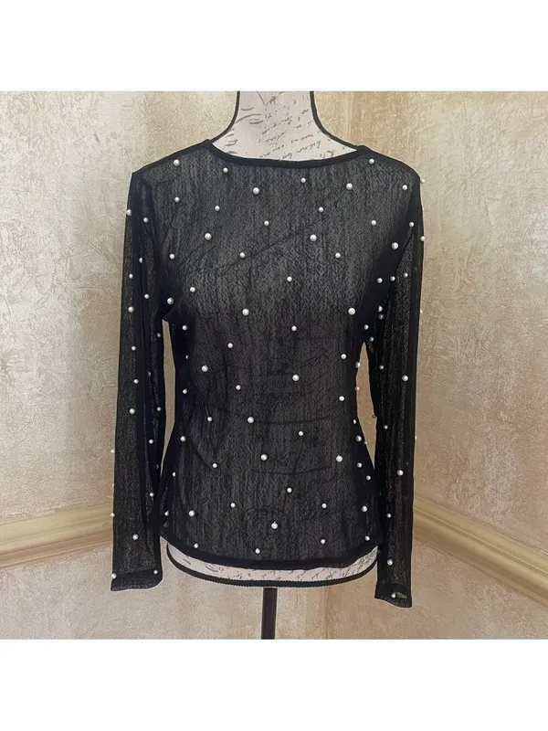 Amber Skies Pearl Embellished Sheer Mesh Top Black Cocktail Glam Whimsigoth XL - Image 4