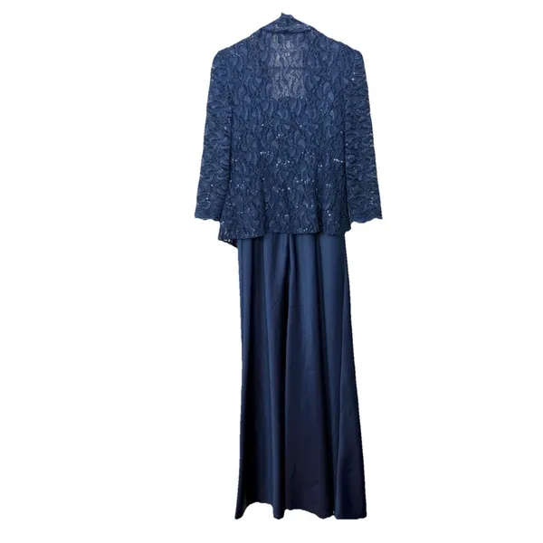 Alex Evenings Navy Blue Lace‎ Glitter Two Piece Jacket Sleeveless Satin Dress 6 - Image 6