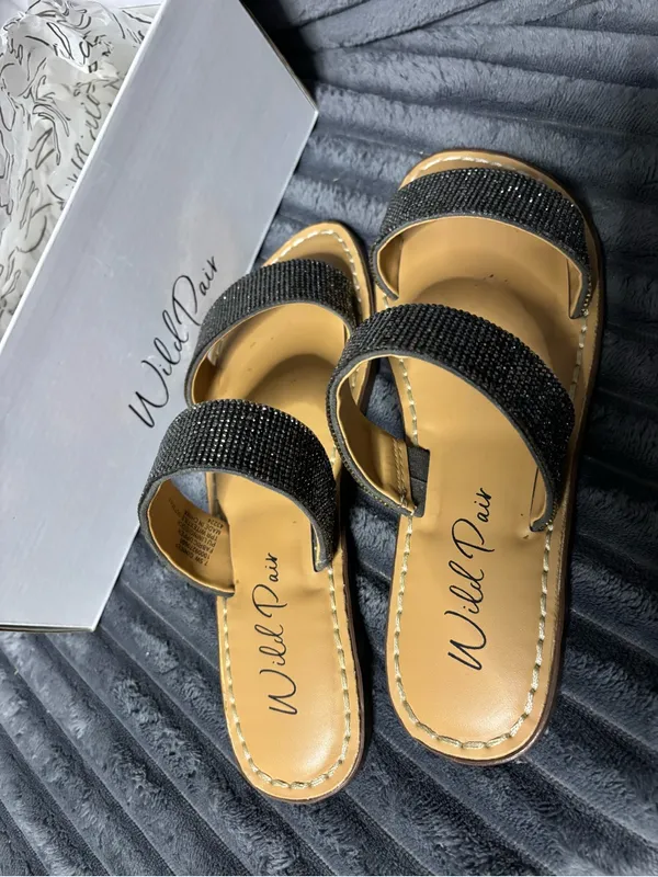 Wild Pair Black Rhinestone Double-Strap Slide Sandals - Image 2