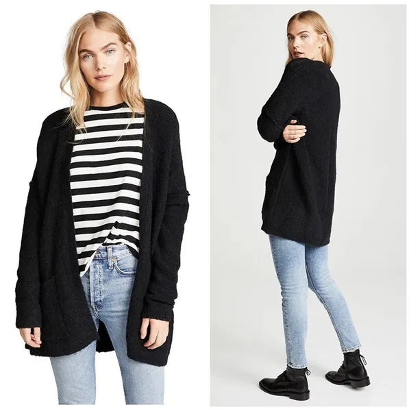 Free People Phantom Long Cardigan Black Front Open Wool Blend Large Oversized - Image 2