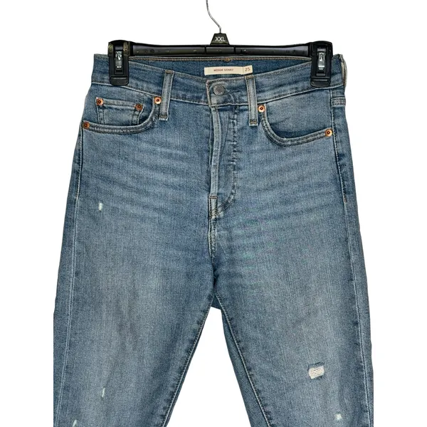 Levi's Women Jeans Wedgie‎ Skinny Button Fly Raw Hem Distressed Denim Blue Small - Image 2