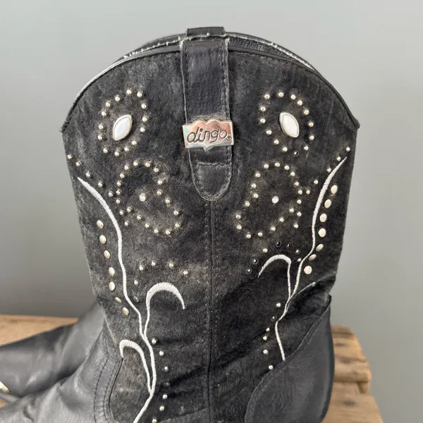 VINTAGE DINGO Embellished Silver Leather‎ Cowboy Black Heeled Boots 9 A29 - Image 3