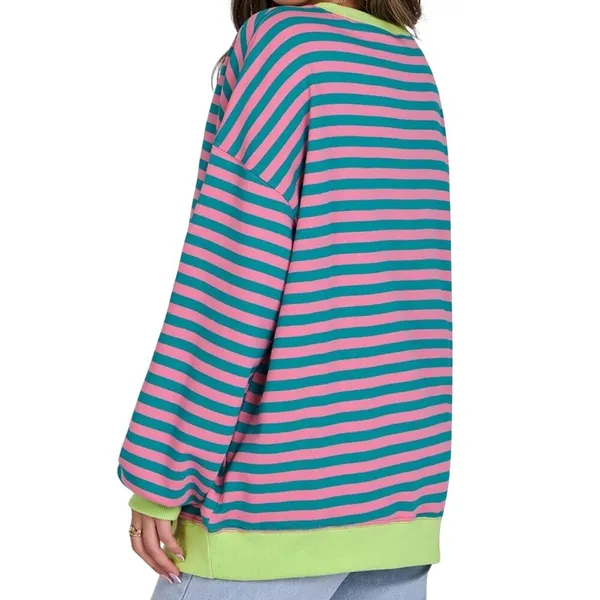 Women Striped Oversized Crewneck Sweatshirt in Pink/Green, Size XL​ - Image 2
