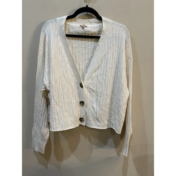 EBERJEY Ribbed Cropped Cardigan Sweater Ivory Heather Size XL - Image 3