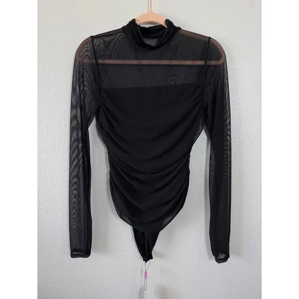 Avidlove Womens Black Mesh Ruched Long Sleeve Mock Neck Bodysuit Size Large - Image 4