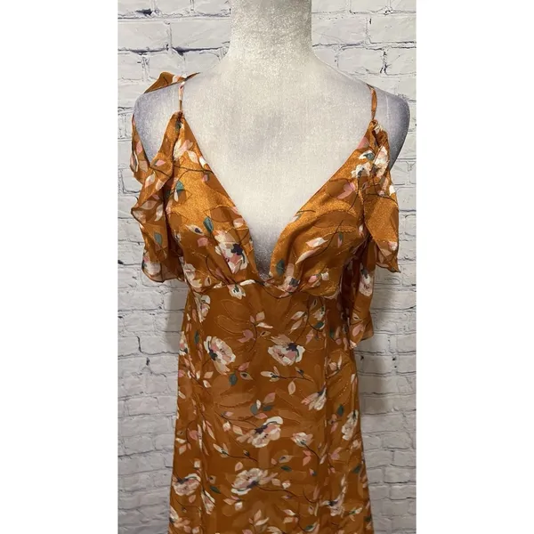 NWT Lulus Abundant Happiness Rust Orange Floral Print Jacquard Maxi Dress Medium - Image 3