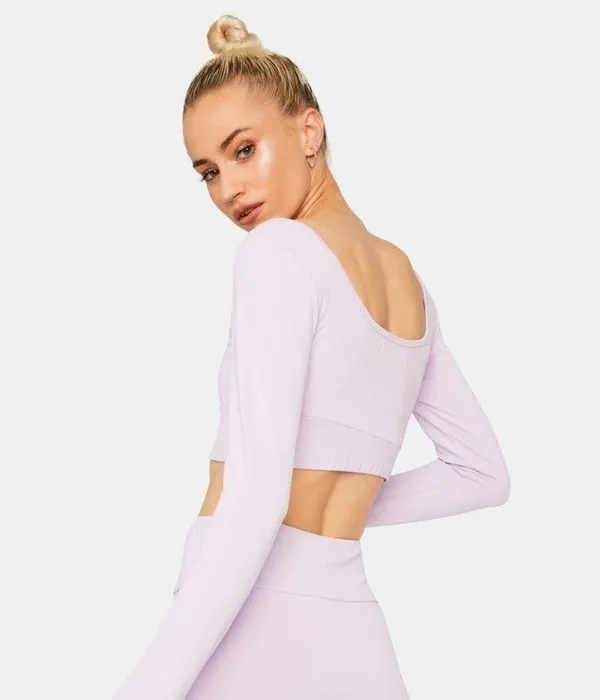 Square Neck Cropped Long Sleeve Workout Top - Image 2