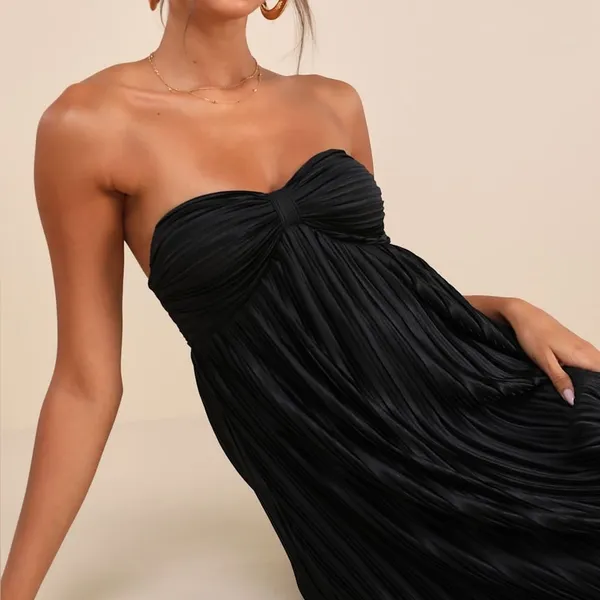 LULU’S Whimsical Beauty Black Satin Plisse Strapless Maxi Dress - Image 5