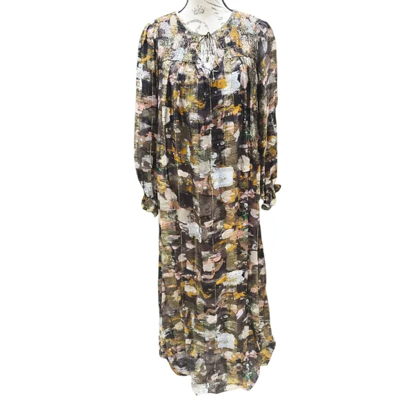 Anthropologie NWT Blair Maxi Dress Long Sleeve Smocked Gold‎ Metallic Detail S - Image 4