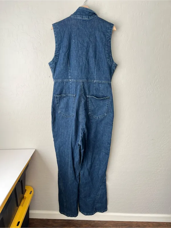 Free People Ring the Alarm Denim Sleeveless Jumpsuit One Piece Curvy XL - Image 4