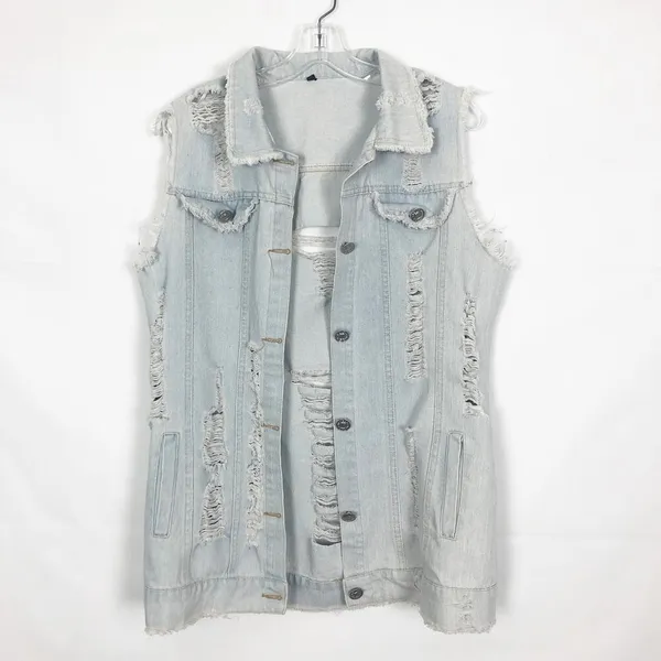 Distressed Denim Vest Womens Medium Long Length Western Cowgirl Rodeo Festival - Image 2