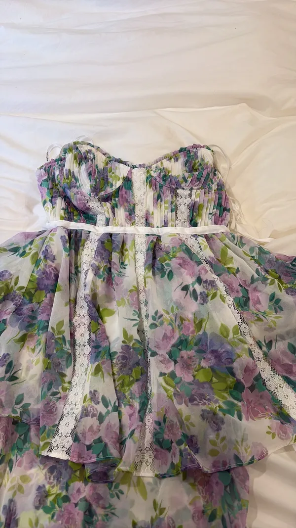 Floral Tie-Shoulder Sundress in Pastel Lavender & Green - Image 4