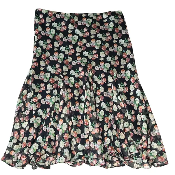 Lauren Ralph Lauren Floral Chiffon Midi Skirt M Black Rose Flared Romantic - Image 3