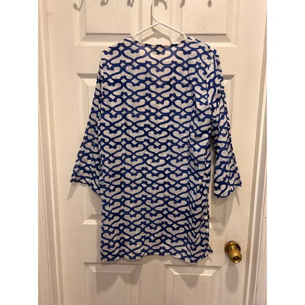 Roberta Roller‎ Rabbit Blue White Geometric Print Big Cata Kurta Tunic Top Large - Image 6