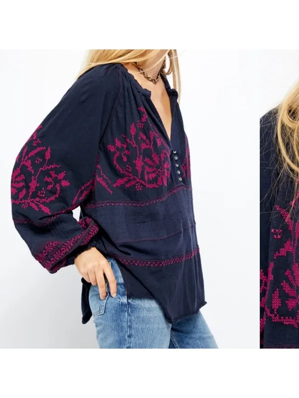 Free People Persuasion Embroidered Boho Chic 100% Cotton Floral Blouse -medium - Image 3