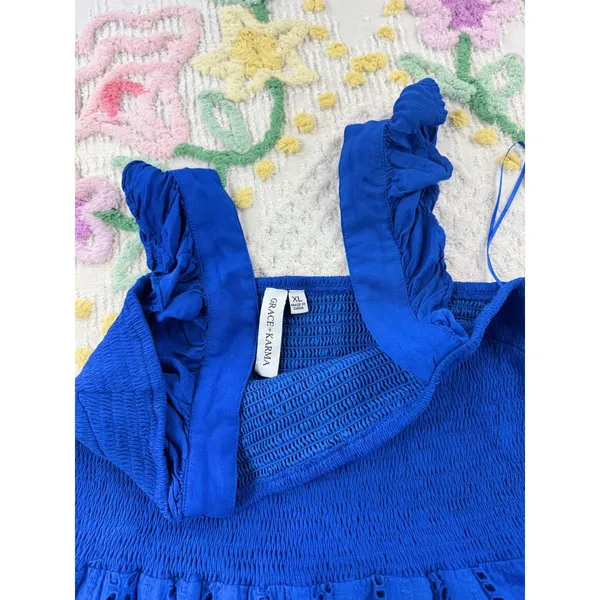 Grace+Karma Blue Smocked Eyelet Midi Dress Ruffle‎ Strap XL - Image 4