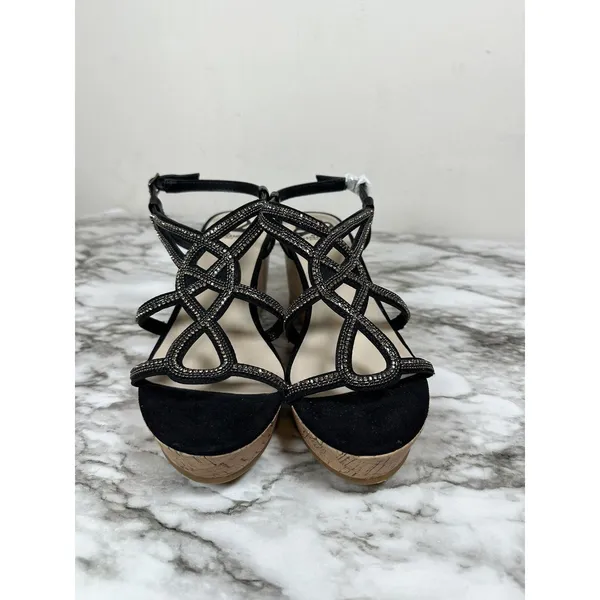Fergalicious Mimic Wedge Sandals Women 6.5 Black Rhinestone Strappy Platform - Image 6