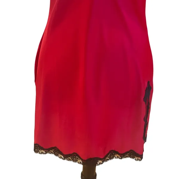 Victoria's Secret Satin Red Slip Dress With Black Lace Trim Side Slit S - Image 3