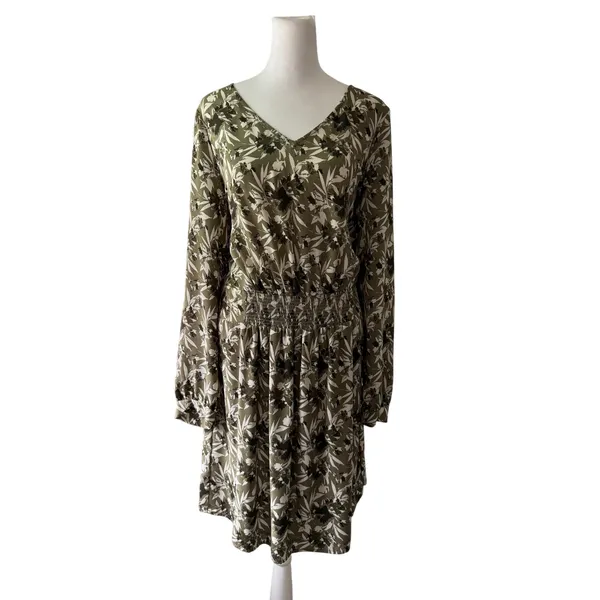 Noir Khaki Green Floral V-Neck Smocked Drop Waist Long Sleeve Knee Length Dress - Image 2