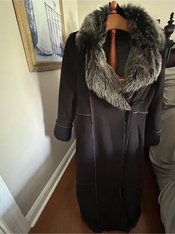 Vintage Platinum utex Black Faux-Fur Trim Long Trench Warm Coat Sz L - Image 4