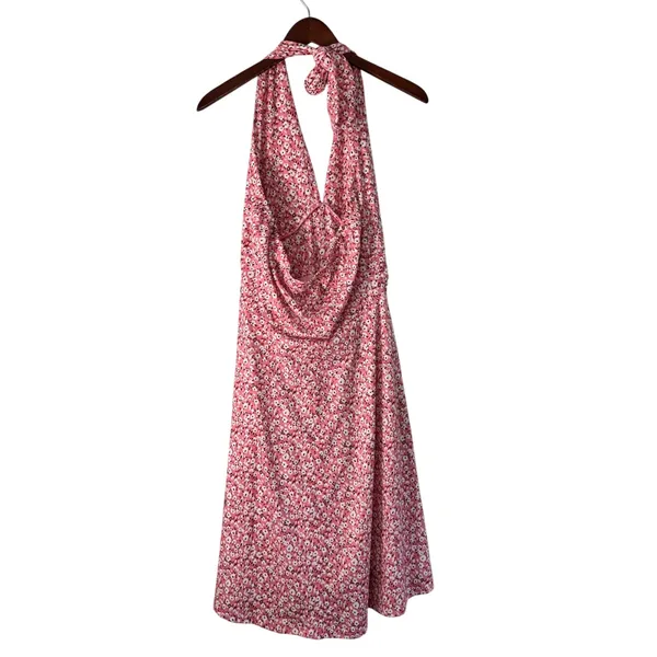 HUHOT Halter Dress Floral Ruched Summer Casual Sundress Pink‎ White L - Image 4