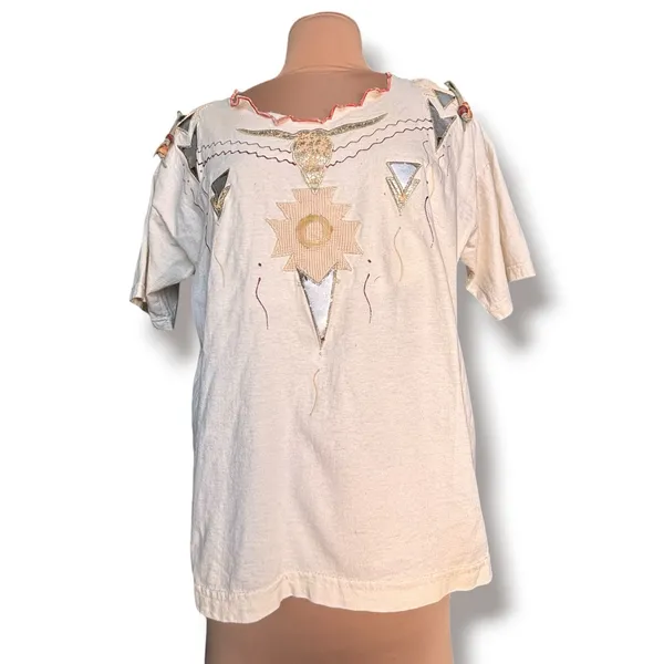 Vintage Cream Western Graphic Tee XL‎ USA Made Desert Boho Shirt Beaded Festival - Image 10